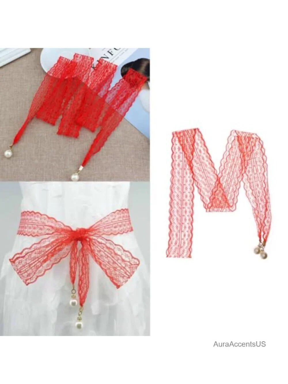 3 Pack Boho Lace Belt with Pearl Pendant Waist Belt for Dresses
